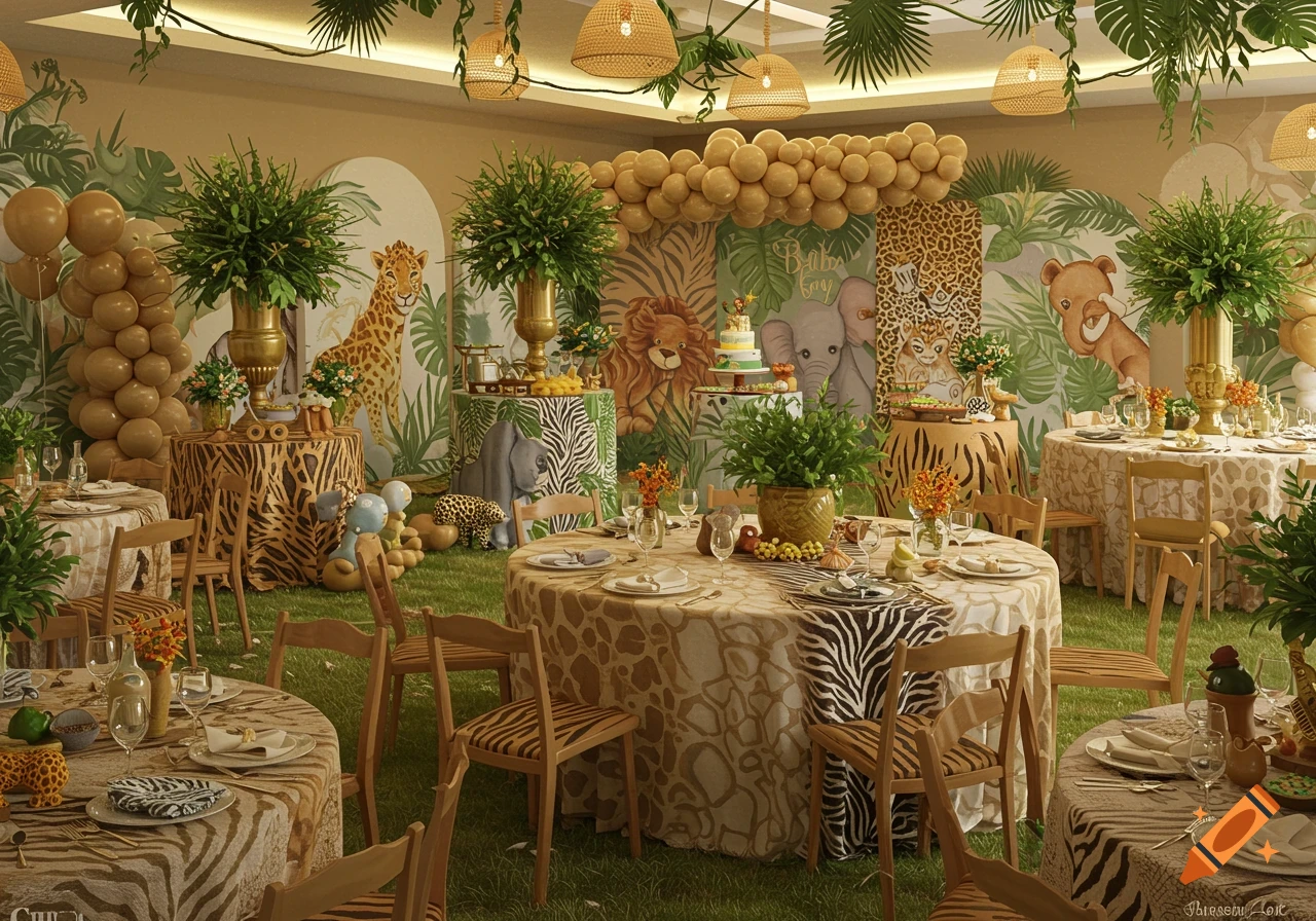 Safari themed baby shower with round tables, animal backdrops, and balloon decorations.