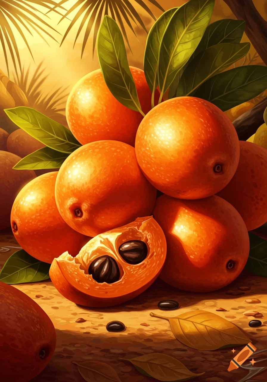 Detailed illustration of a pile of orange tropical fruits, one cut open to reveal dark seeds, with leaves and seeds scattered around.
