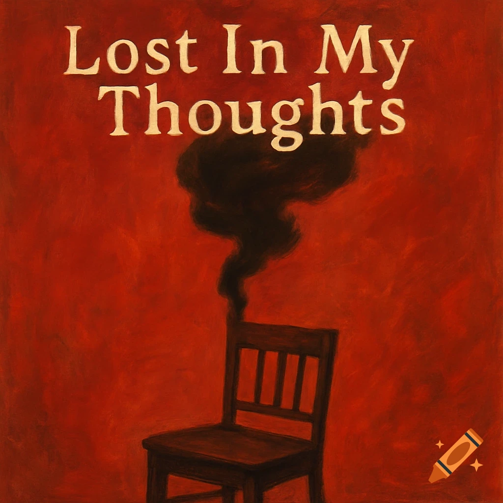 Painting of a chair with dark smoke against a red background. Text reads 'Lost In My Thoughts'.