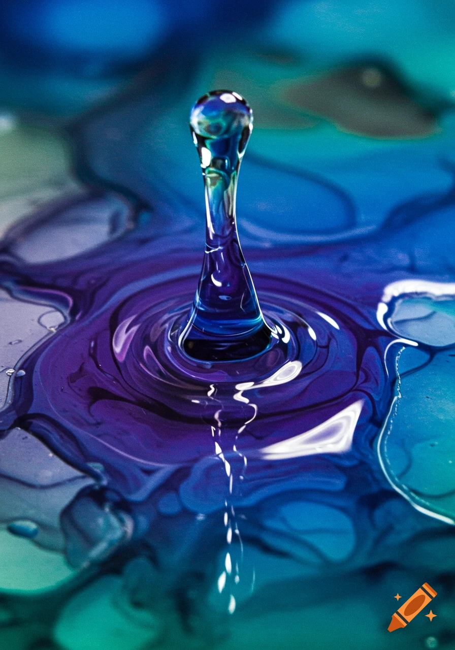 Macro shot of a blue and purple liquid drop splashing and creating ripples