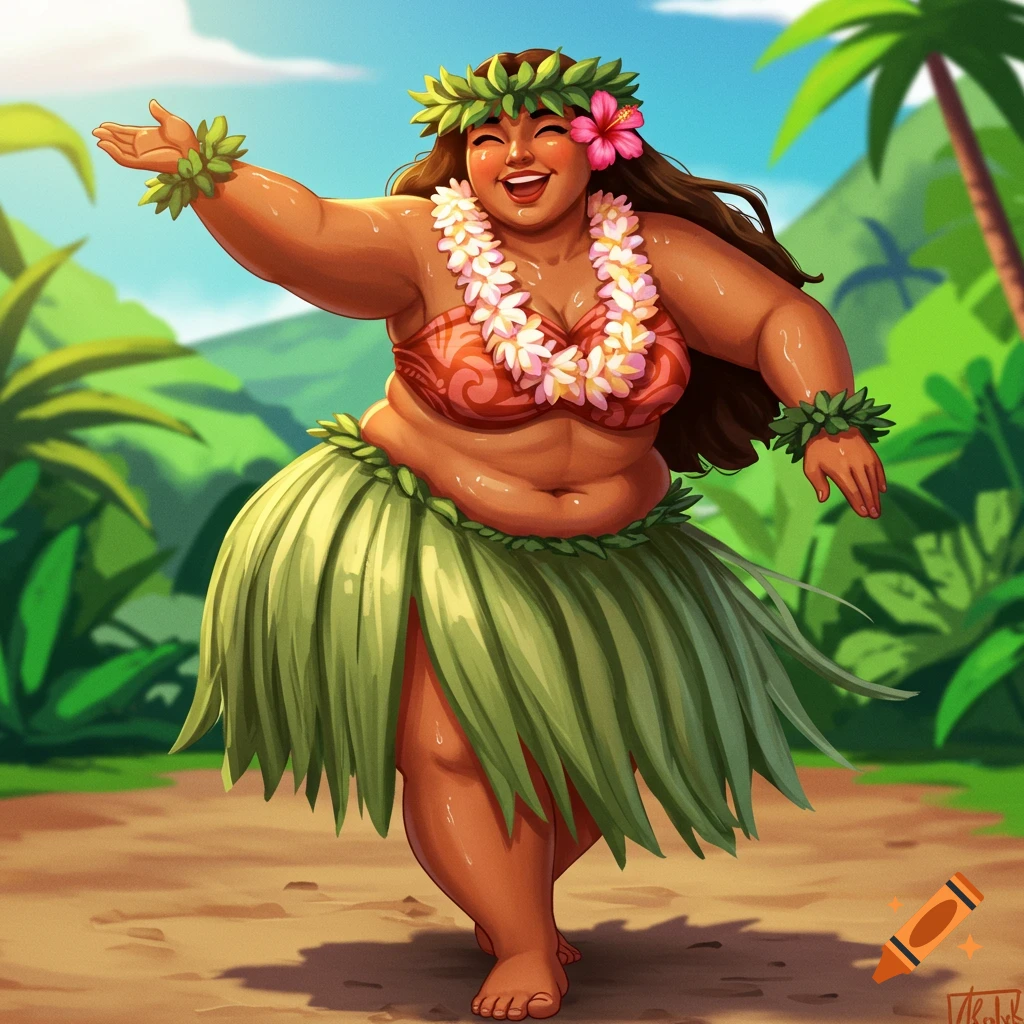 Cartoon illustration of a cheerful woman in a hula skirt and lei dancing in a tropical setting.