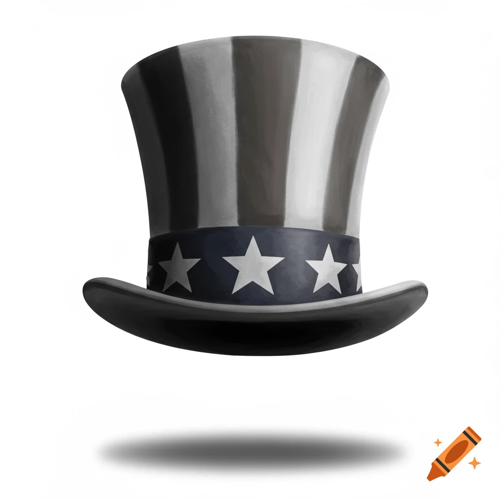 A grayscale Uncle Sam style top hat with stripes and stars on a band, casting a shadow.