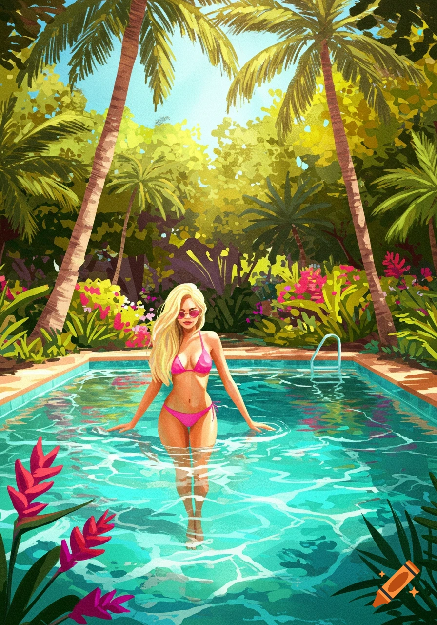 Blonde woman in pink bikini in a tropical swimming pool, bright illustration