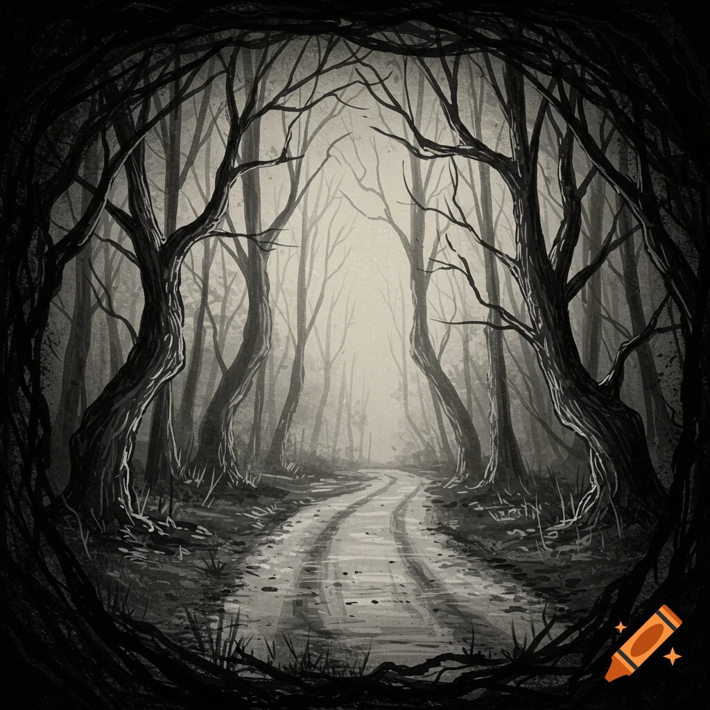 A sketch of a dirt road winding through a dark, creepy forest with twisted, bare trees.