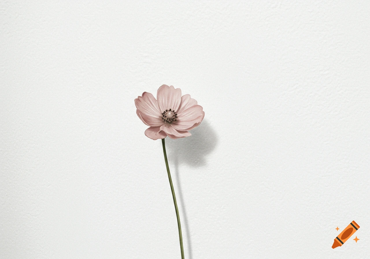 A single pink flower with a stem casts a shadow against a textured white background.
