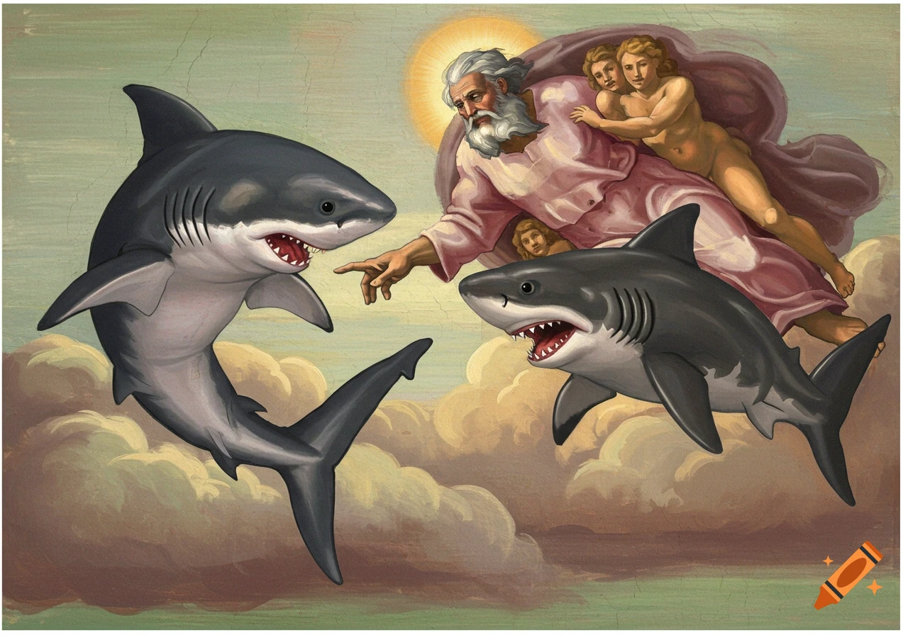 Painting parody of The Creation of Adam with God reaching out to a shark in the clouds.