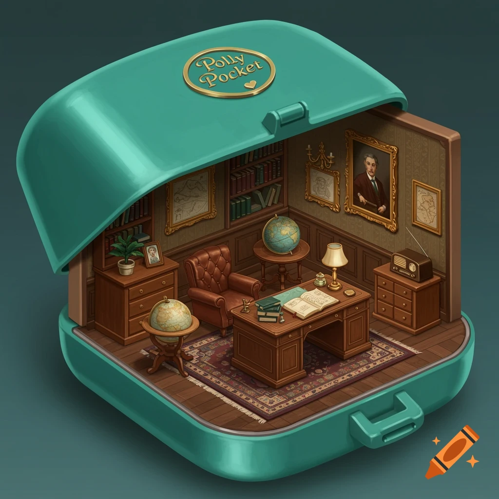 An open turquoise Polly Pocket toy compact revealing a miniature vintage study interior with a desk, armchair, and bookshelves.