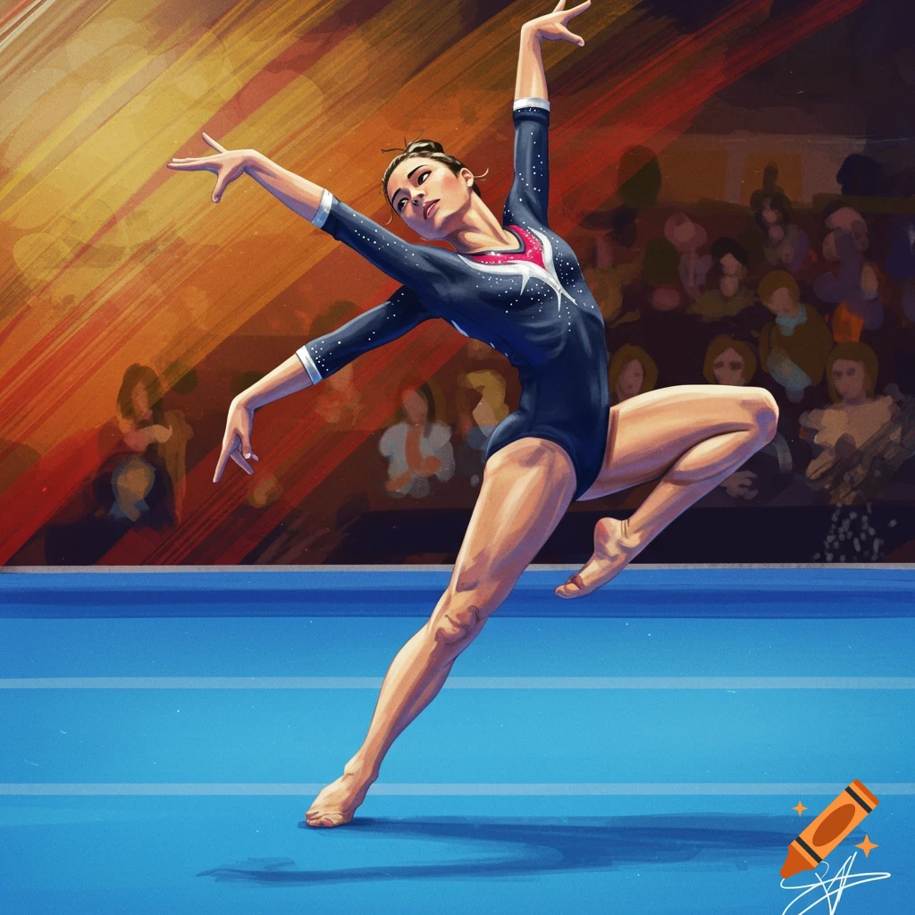 Illustration of a female gymnast performing on the floor exercise mat in a stadium