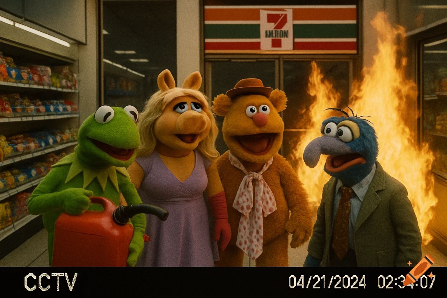 Four Muppets stand in front of a convenience store with a fire outside, seen through a CCTV lens. Kermit holds a gas can.
