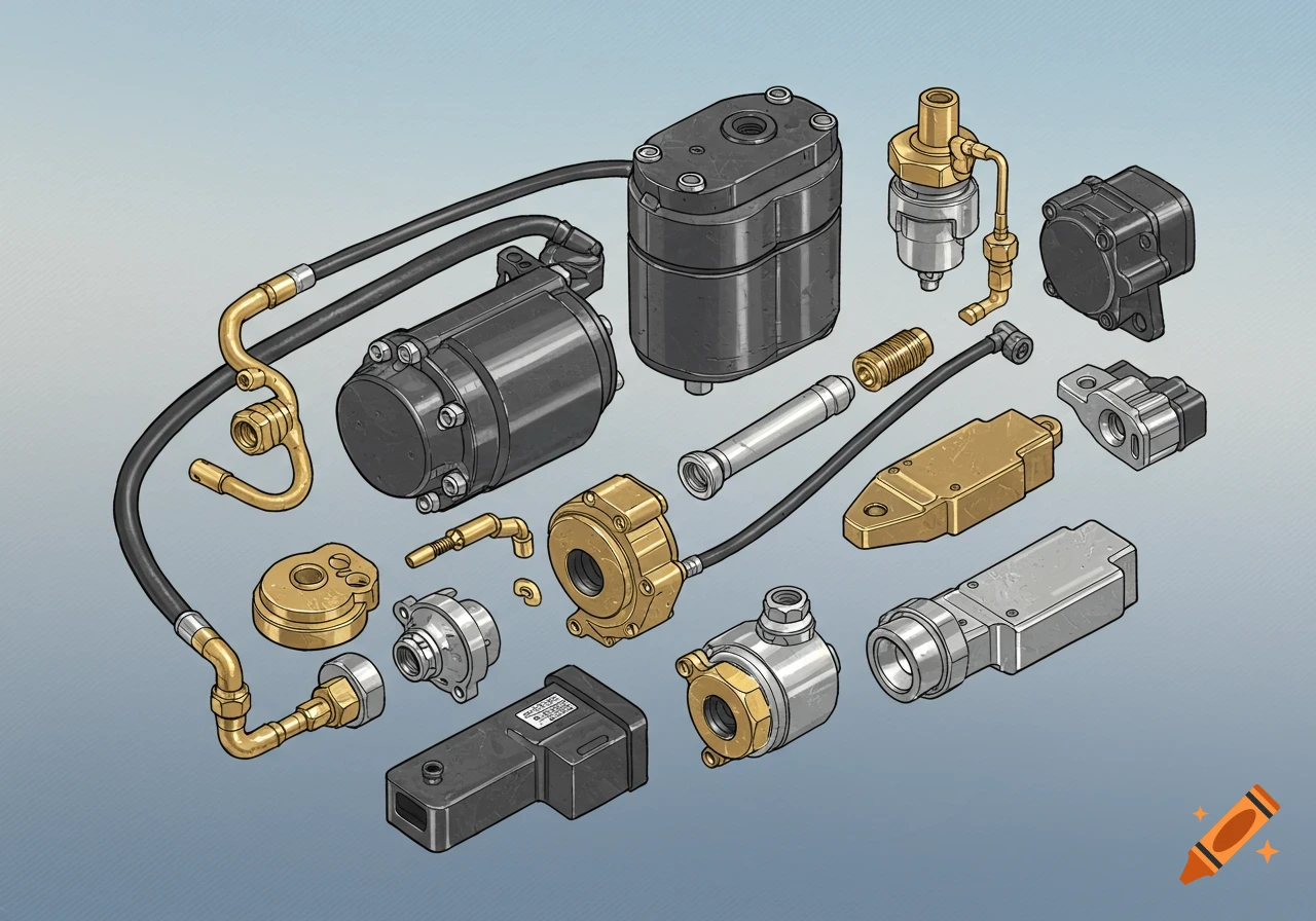 Illustrative collection of truck air brake parts