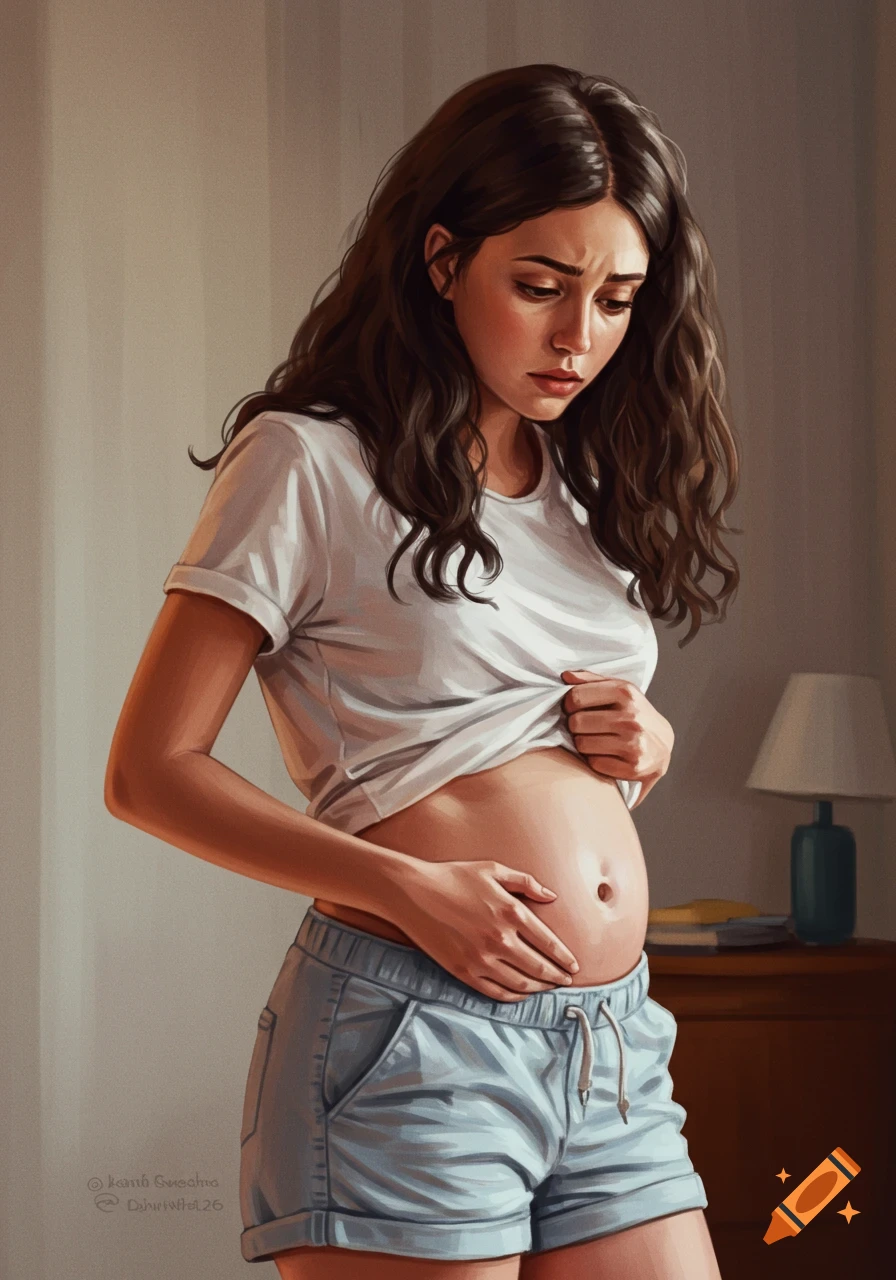 Digital painting of a woman lifting her shirt to look at her stomach, appearing concerned.