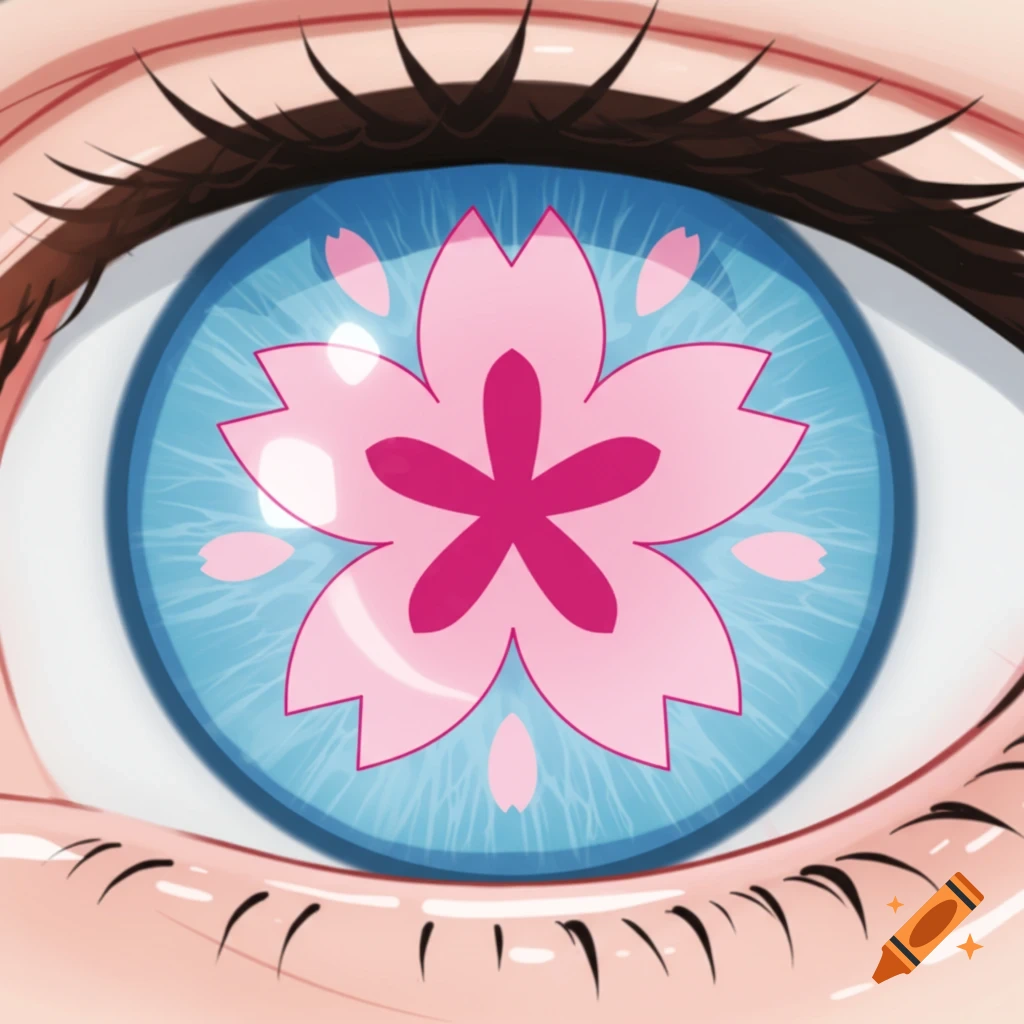 Anime close-up of an eye with a blue iris and pink cherry blossom design.