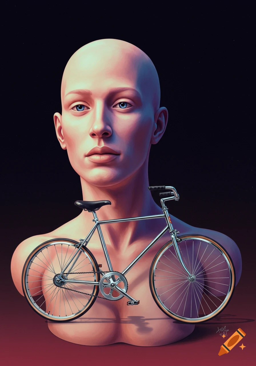 Artistic portrait of a bald human torso with a bicycle frame replacing the lower body.
