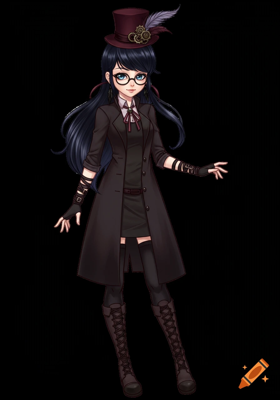 Anime girl with long black hair, glasses, black coat, steampunk hat, and boots.