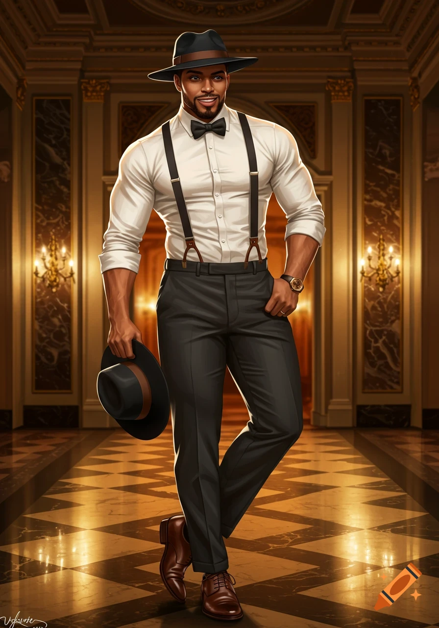 Stylish man in formal wear (white shirt, suspenders, black pants) with a fedora walks in a grand hallway, holding his hat. Digital art.