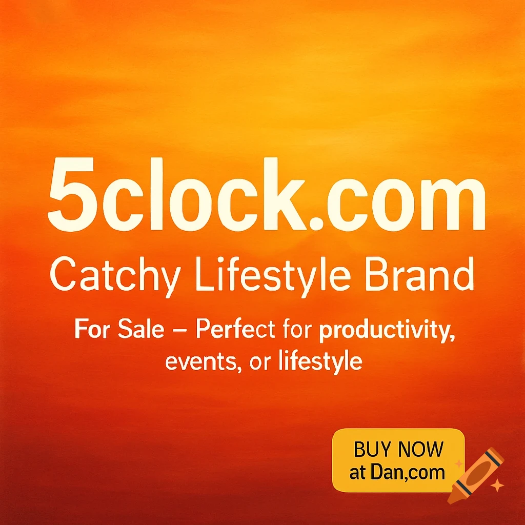 White text 5clock.com Catchy Lifestyle Brand on orange gradient background with smaller text below and a yellow BUY NOW button.