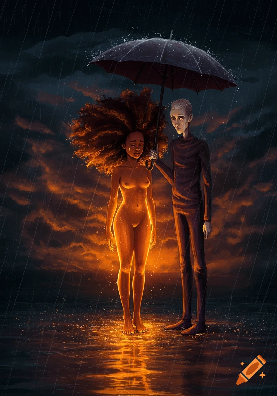 Surreal painting of a glowing woman and figure under umbrella in the rain.