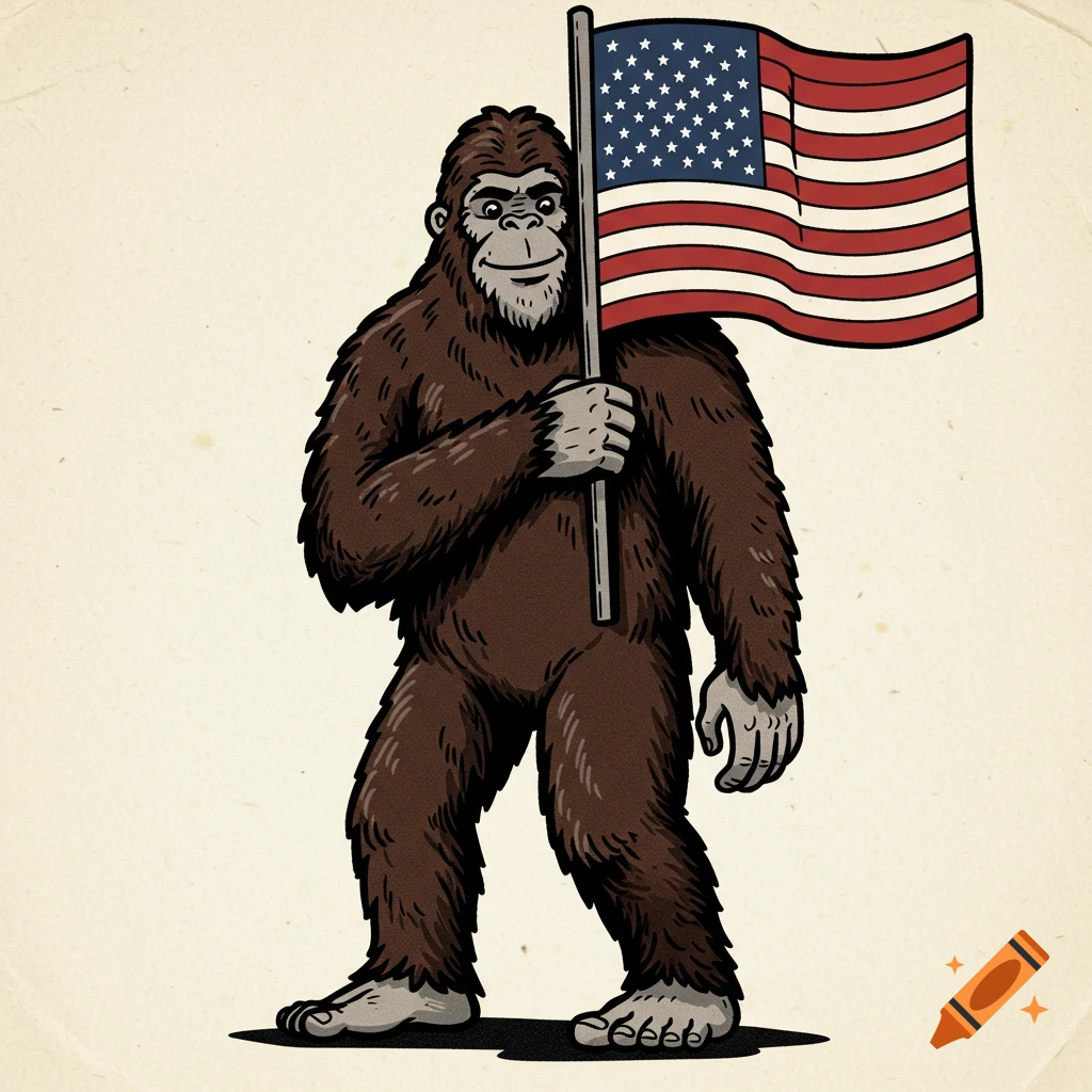 Cartoon Bigfoot holding an American flag.