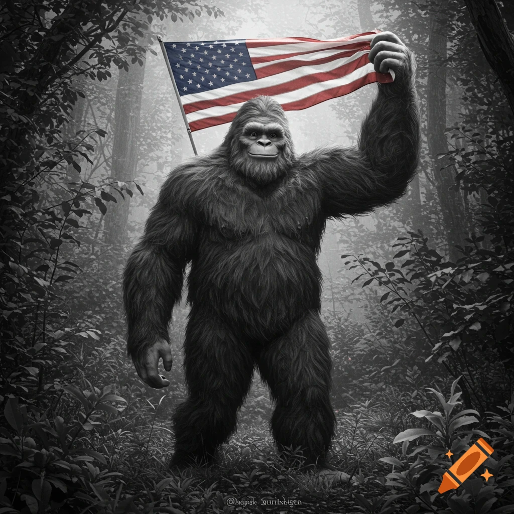 Black and white image of Bigfoot standing in a forest, holding and waving an American flag.