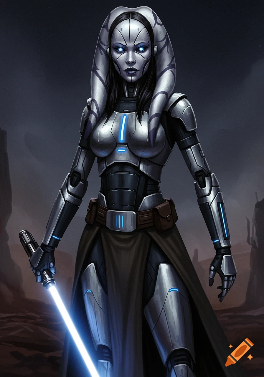 An armored female android-like character with head tails holds a blue lightsaber in a rocky landscape.
