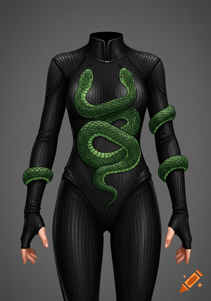 Black full bodysuit suit with ribbed texture and two green snakes wrapped around the torso and arms.