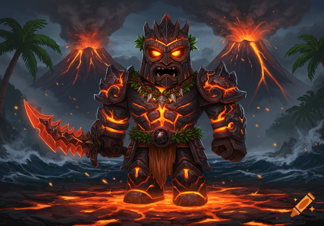 Lava armored tiki warrior with sword stands on lava with erupting volcanoes and ocean background.