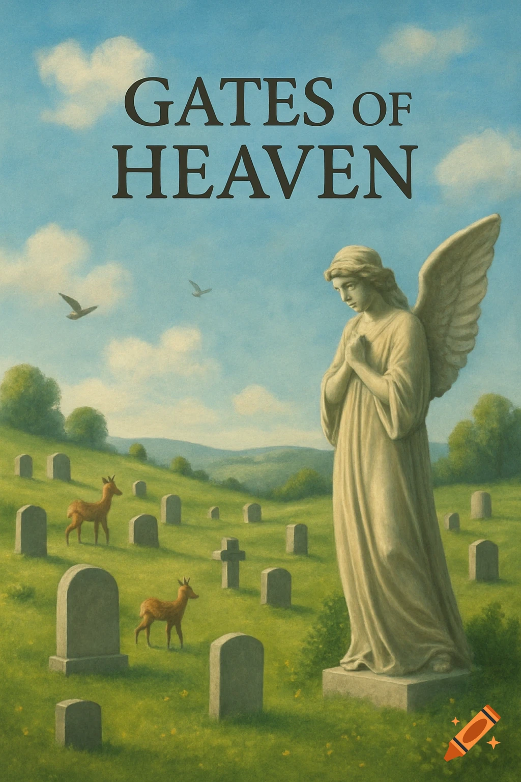Painterly image of a cemetery with an angel statue, deer, birds, and hills under a cloudy sky, overlaid with 'GATES OF HEAVEN' text.