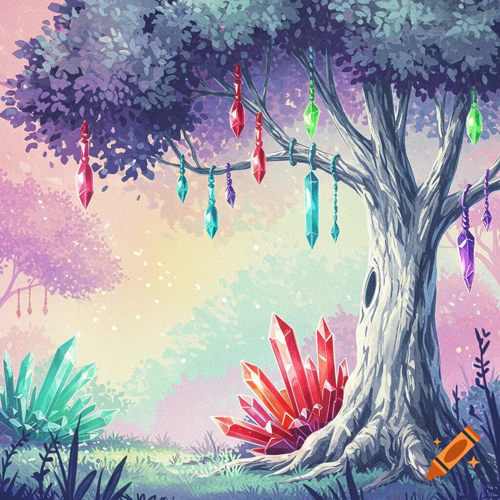 Anime fantasy landscape with a tree decorated with hanging crystals and ...