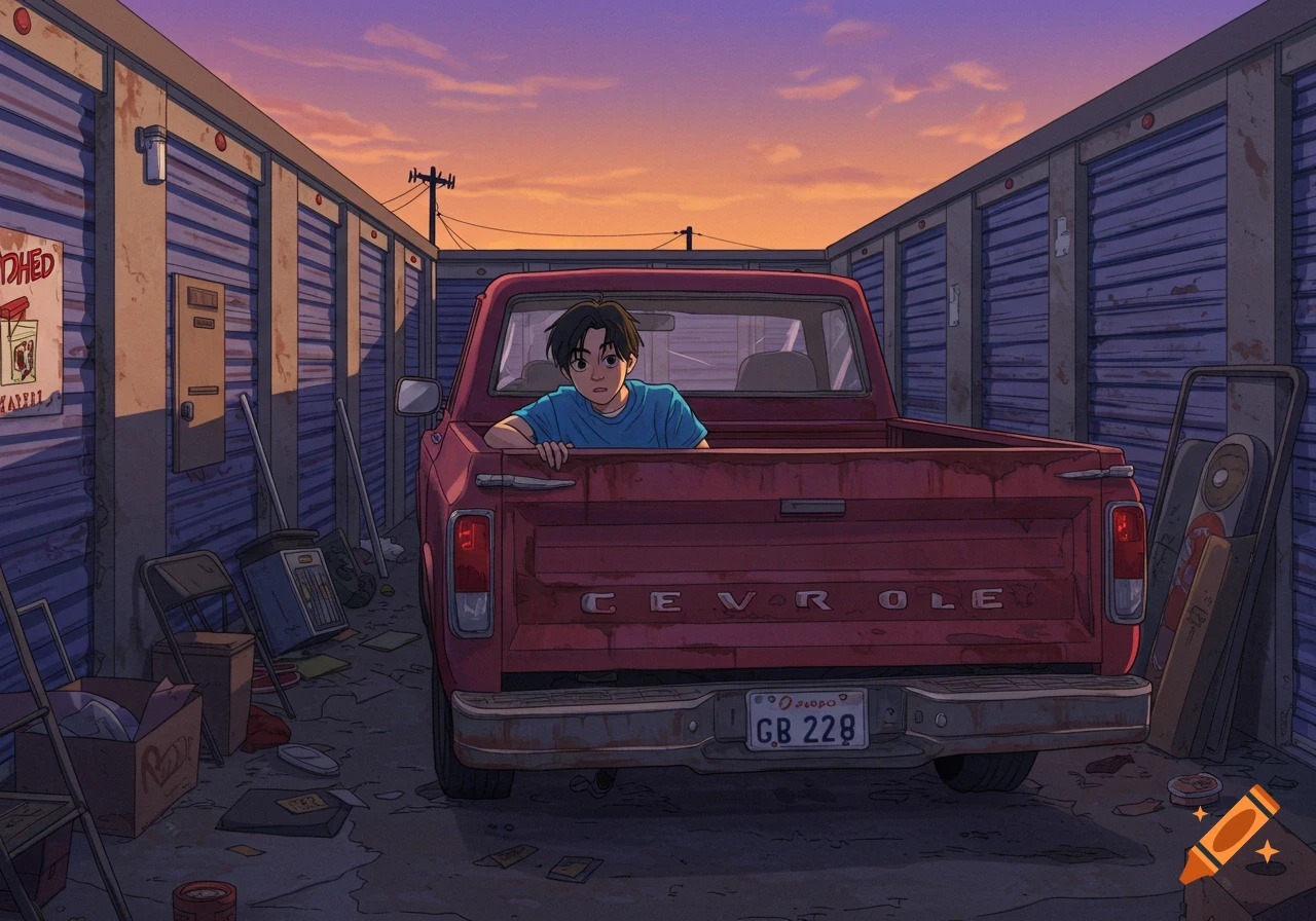 Anime illustration of a person sitting in the bed of a red pickup truck in an outdoor storage facility at sunset.