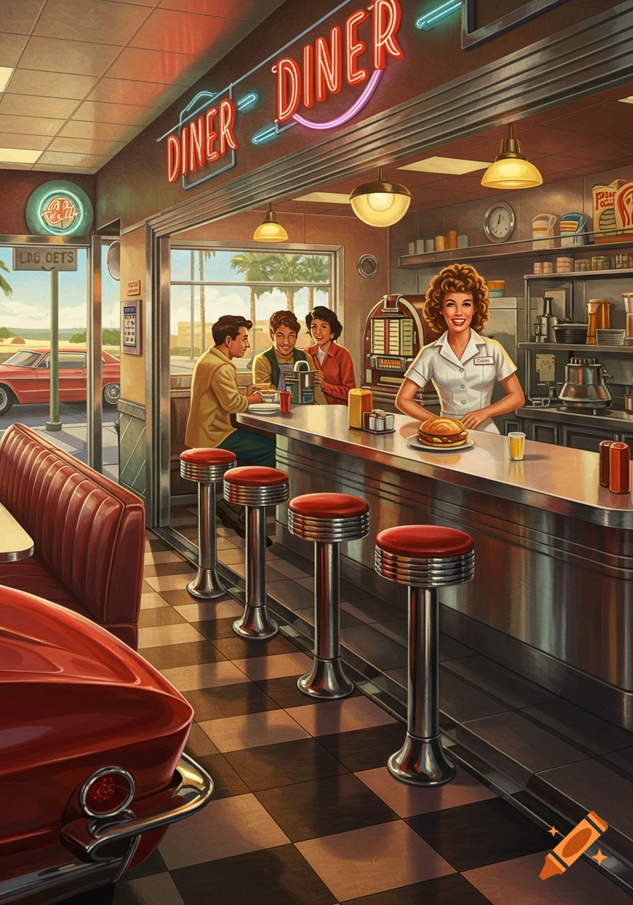 Illustration of a retro 1960s diner scene with a waitress serving customers.