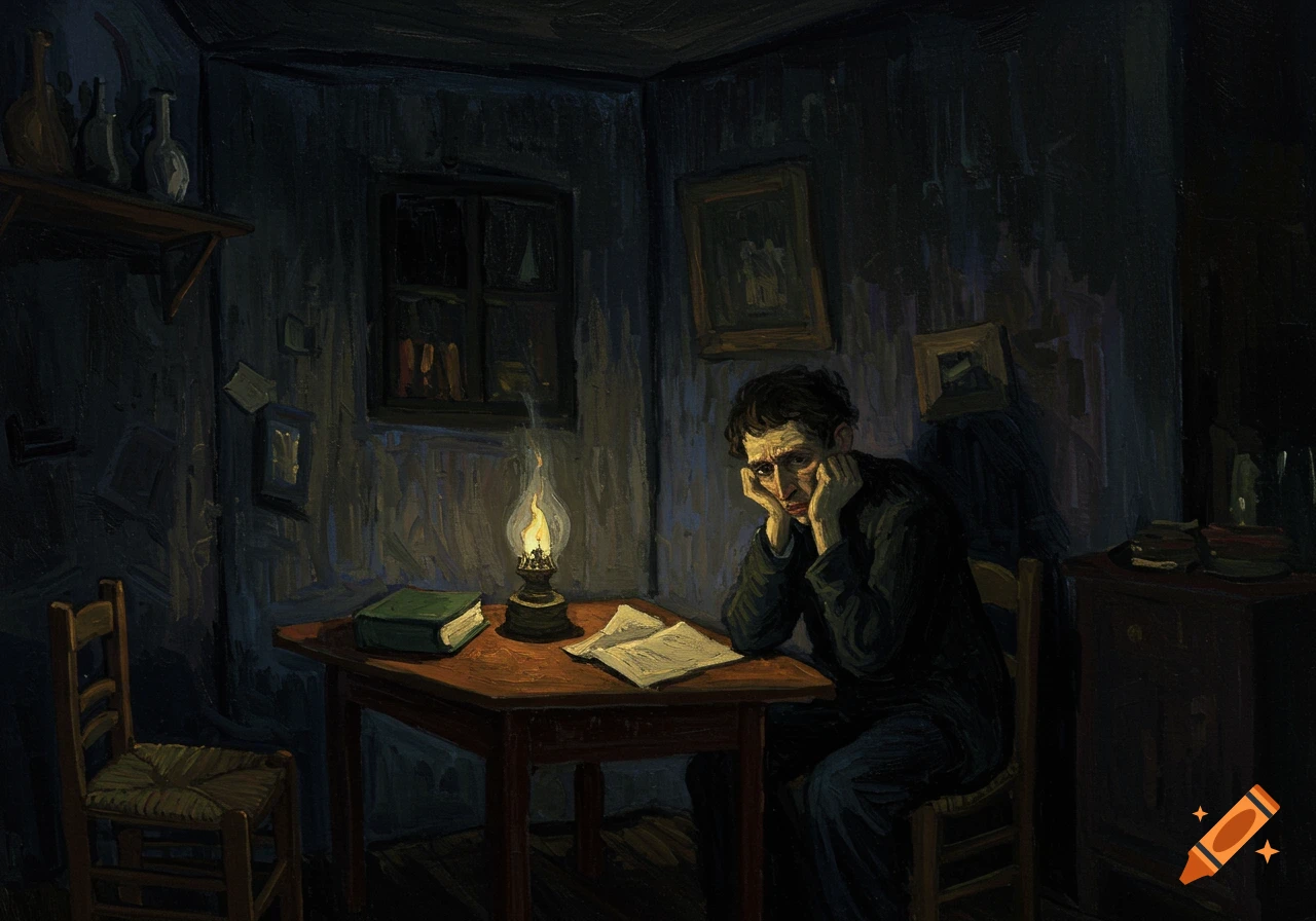 A dark painting in the style of Van Gogh shows a sad man sitting at a table lit by a lamp.