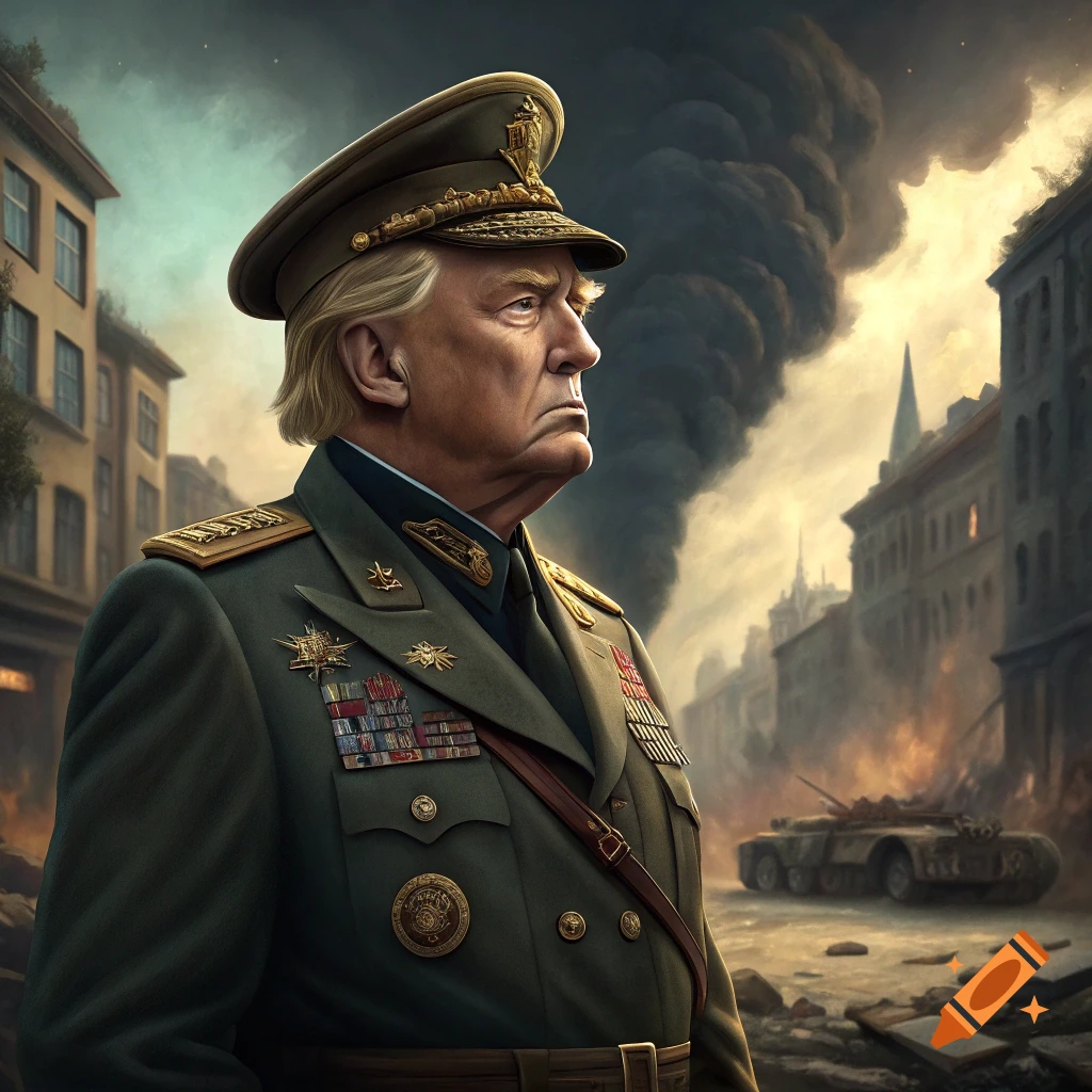 Detailed portrait of Donald Trump in military uniform against a warzone backdrop with smoke and rubble
