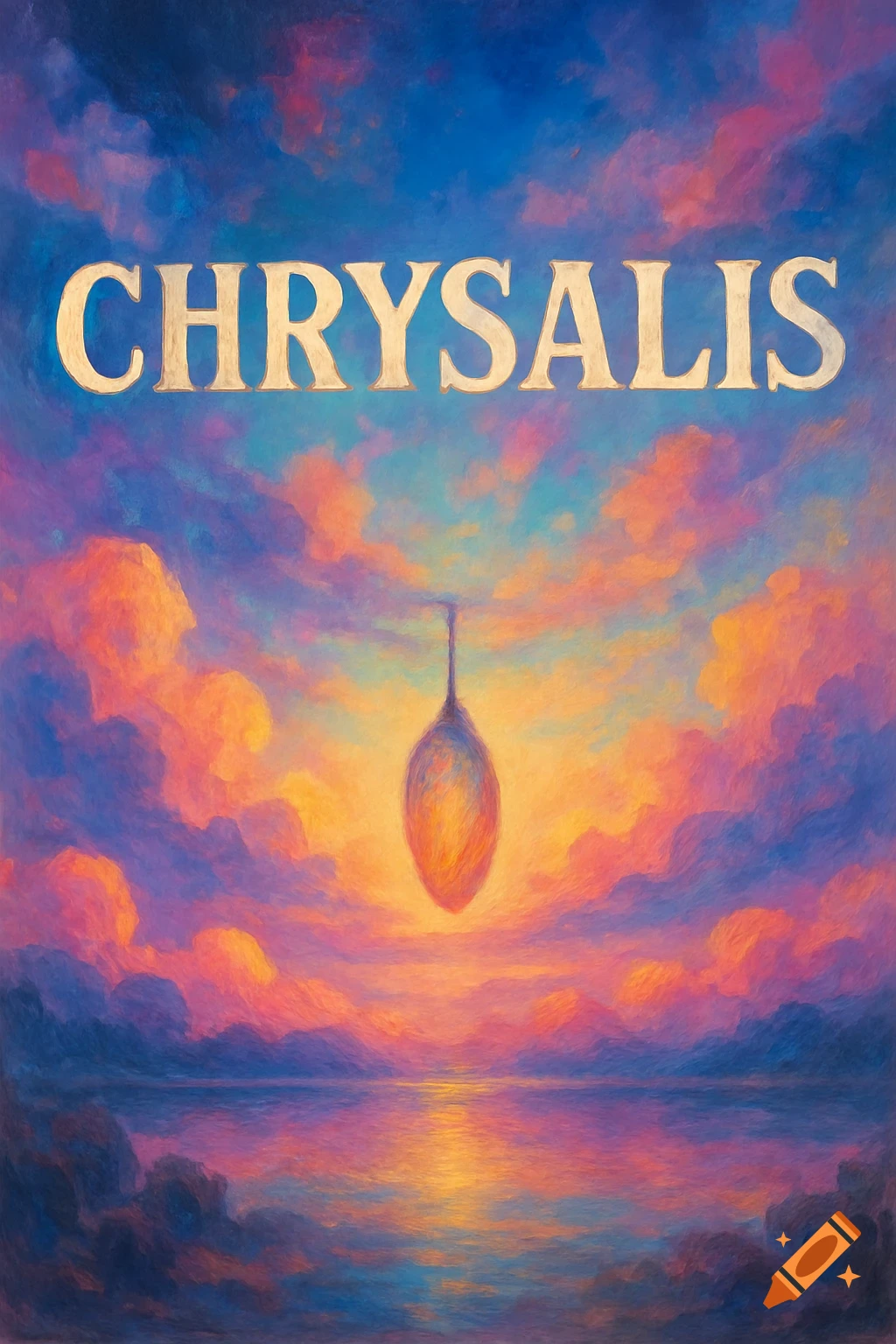 A colorful, dreamy painting of a sunset over water with a floating chrysalis and the word CHRYSALIS.