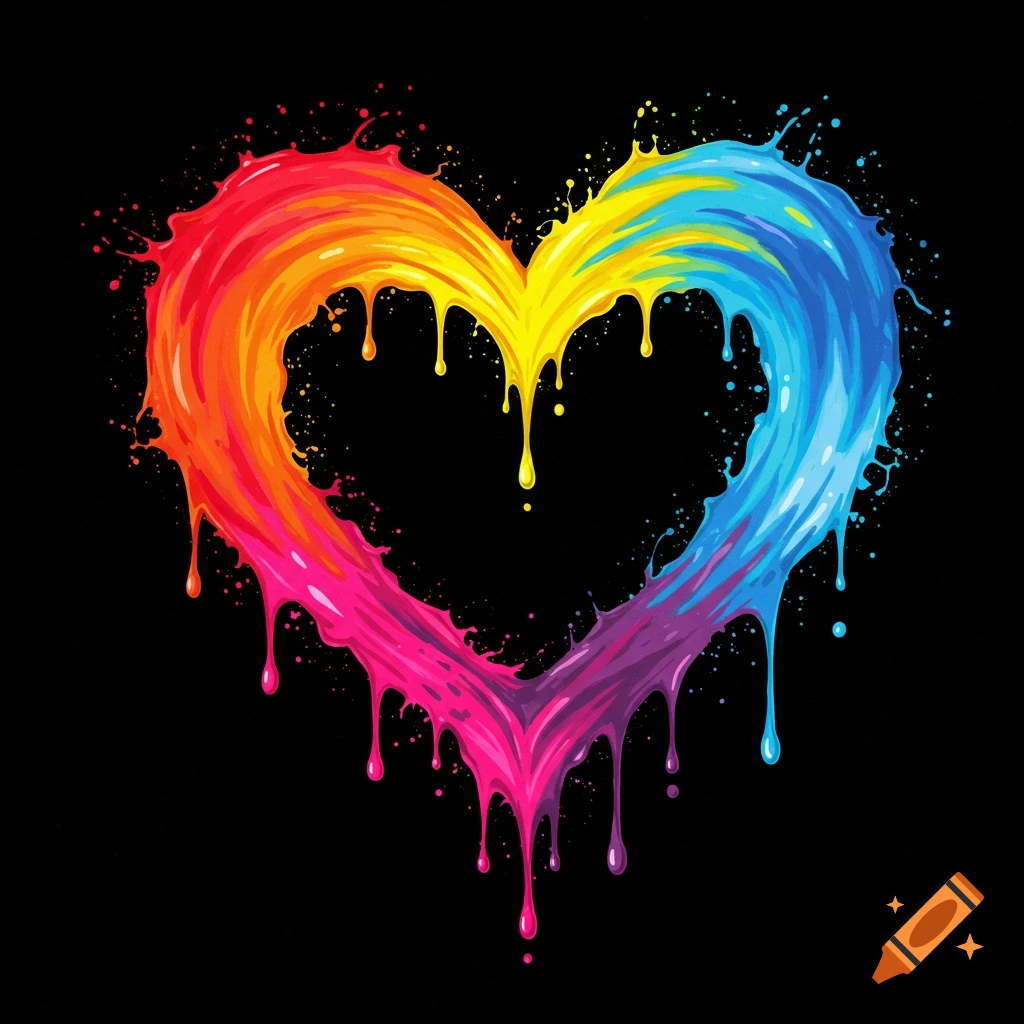 A heart shape made of dripping, rainbow-colored paint splatters on a black background.