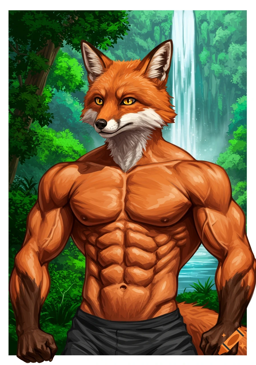 Muscular anthropomorphic fox stands in a forest near a waterfall, anime style.