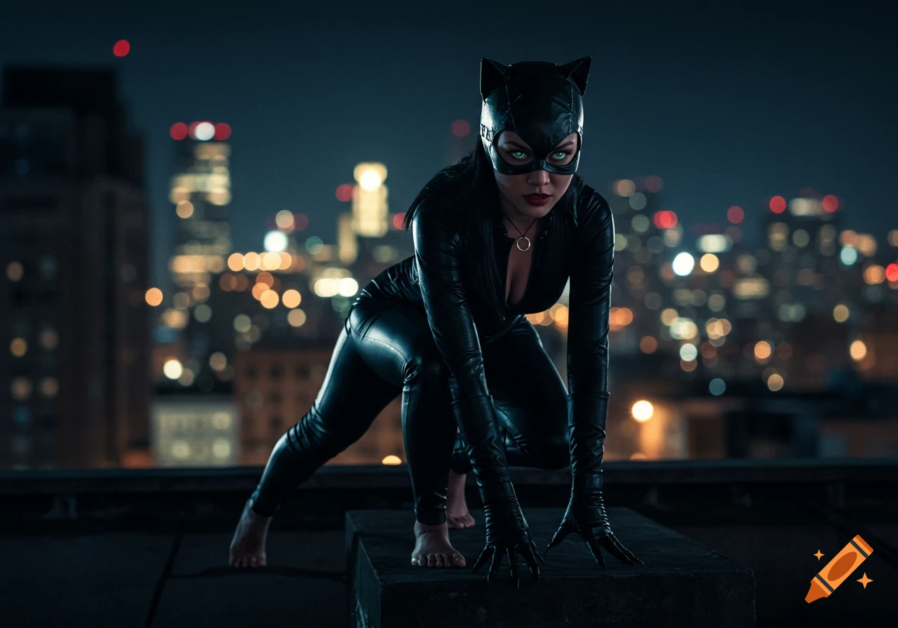 A person in a Catwoman costume crouches on a rooftop overlooking a city at night, photorealistic style.