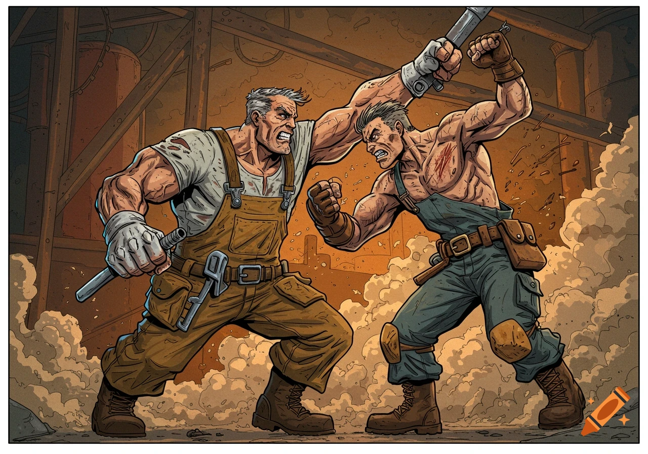 Two muscular workers fight in an industrial setting, comic book style.