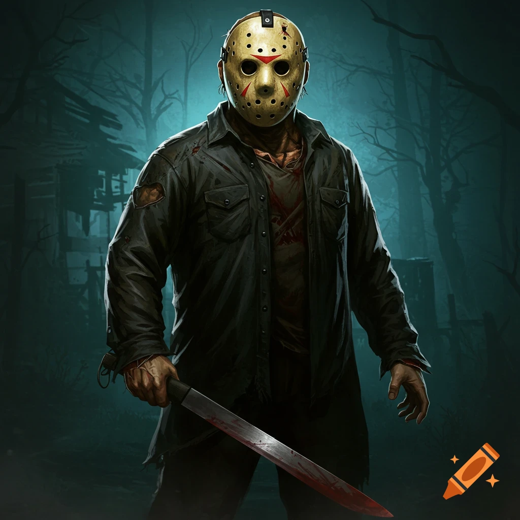 A man in a hockey mask holds a bloody machete in a forest.