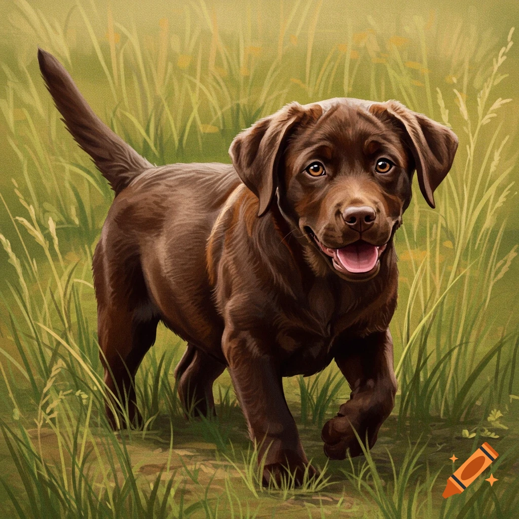 A brown chocolate lab puppy runs through green grass.