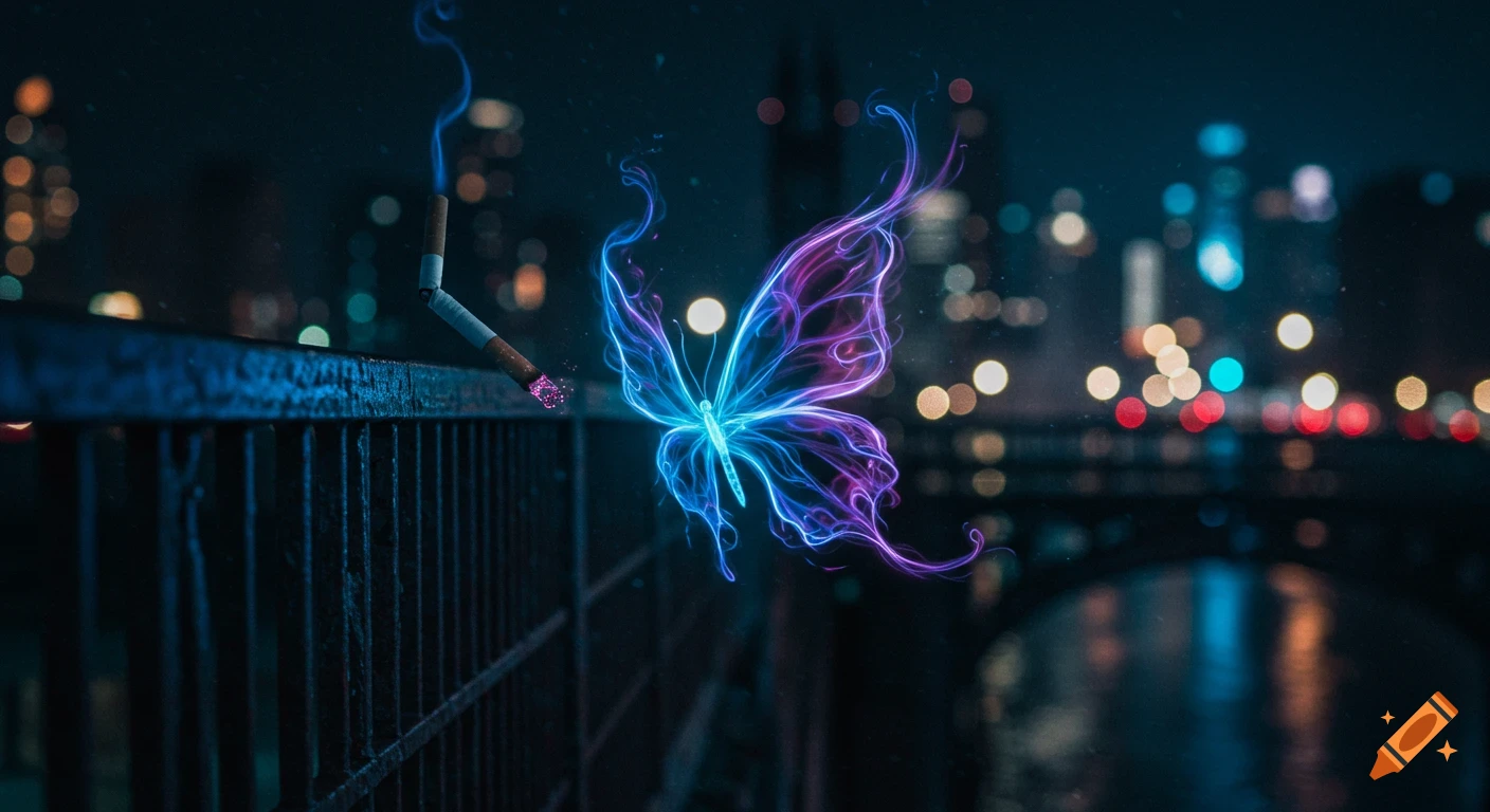 A glowing blue and purple butterfly emerges from cigarette smoke on a bridge at night with a city background.