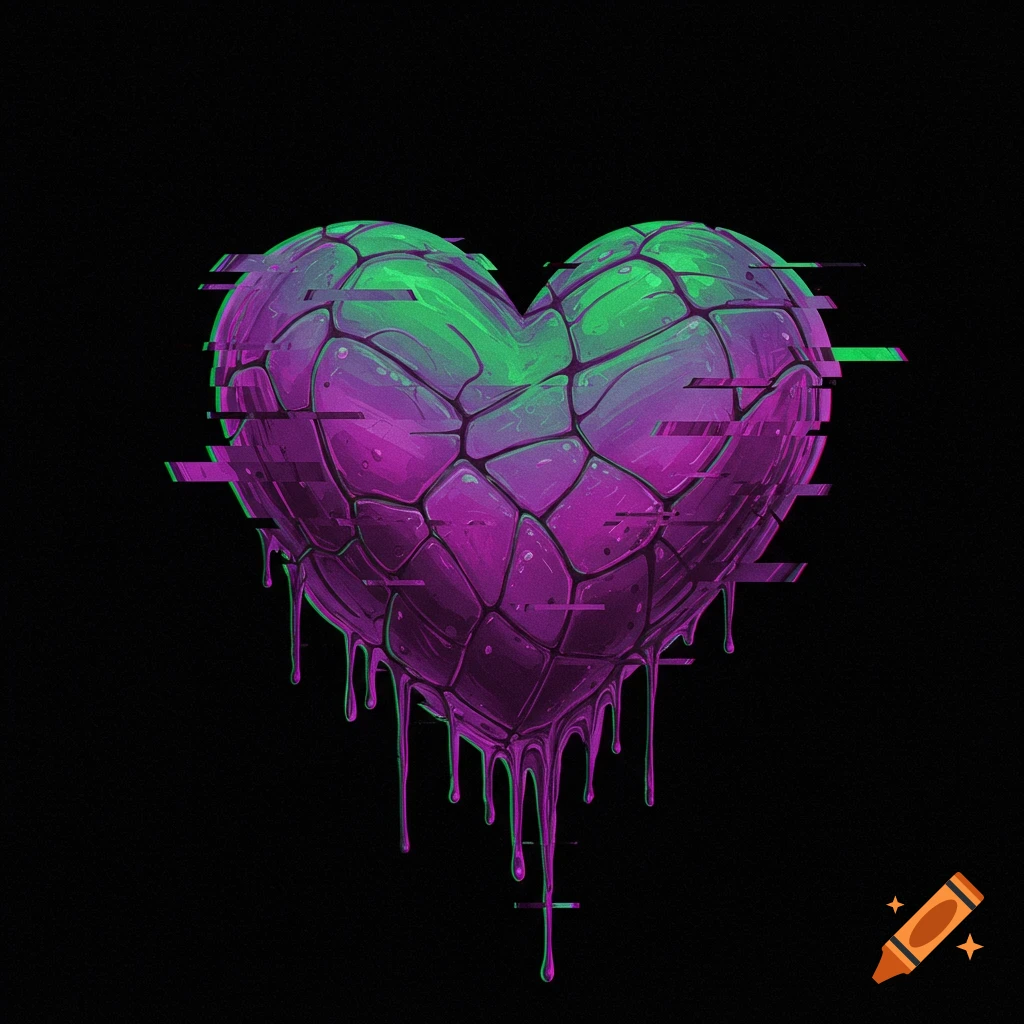 A green and purple heart with a cracked texture, dripping liquid, and glitch effects on a black background.