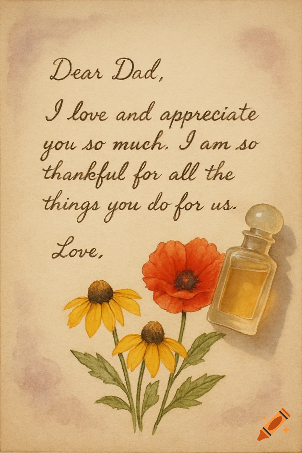 Watercolor illustration of a letter to Dad with flowers and a bottle of perfume.