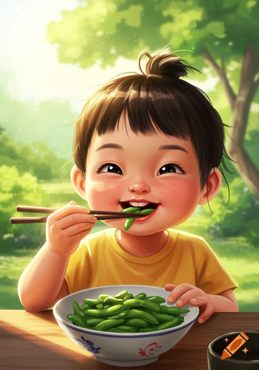 Cartoon illustration of a smiling child eating edamame beans with chopsticks outdoors.