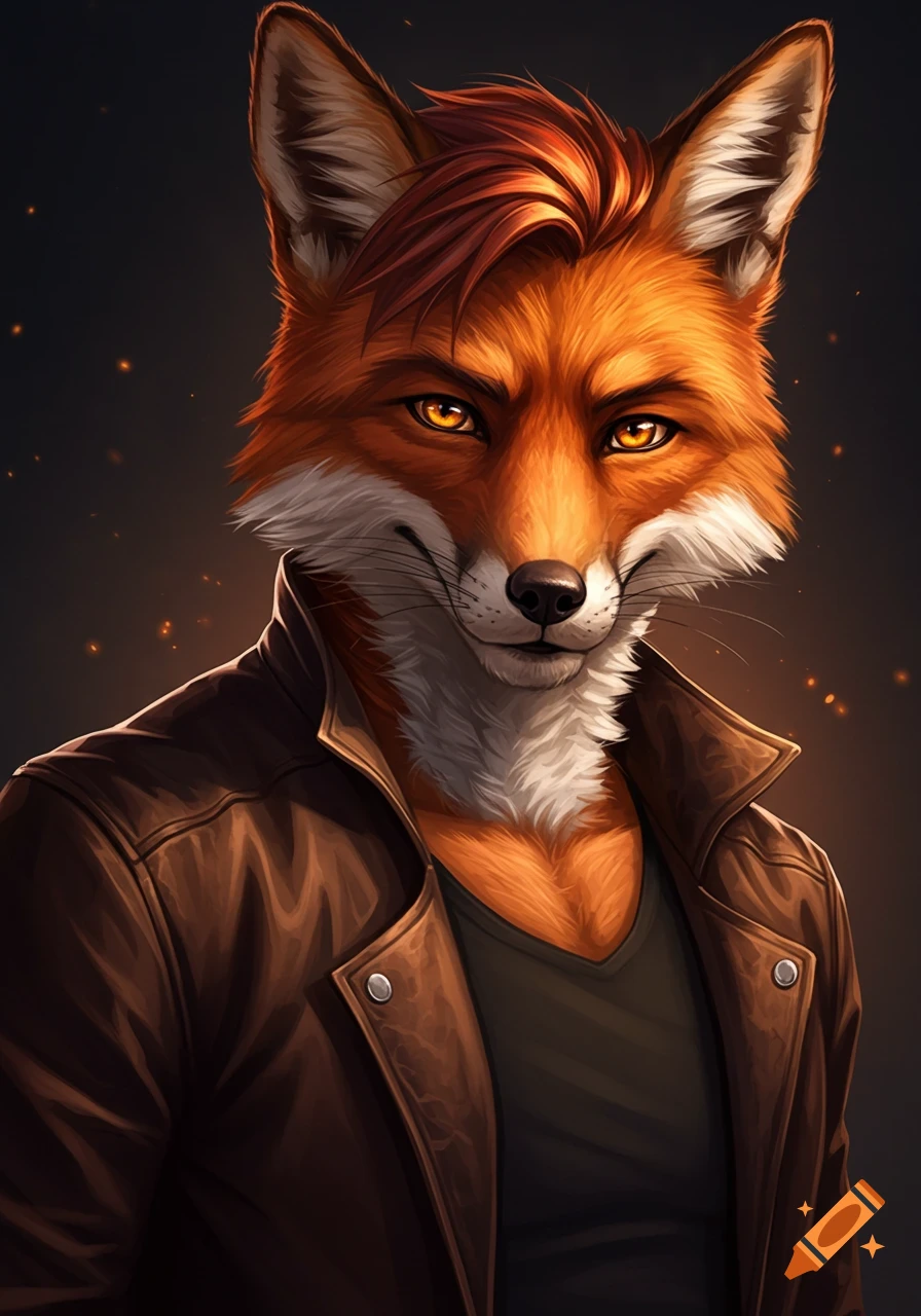 Portrait of an anthropomorphic fox in a leather jacket