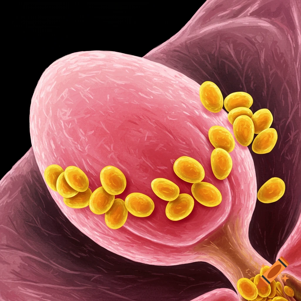 An illustration of a pink ovule covered in yellow pollen grains.