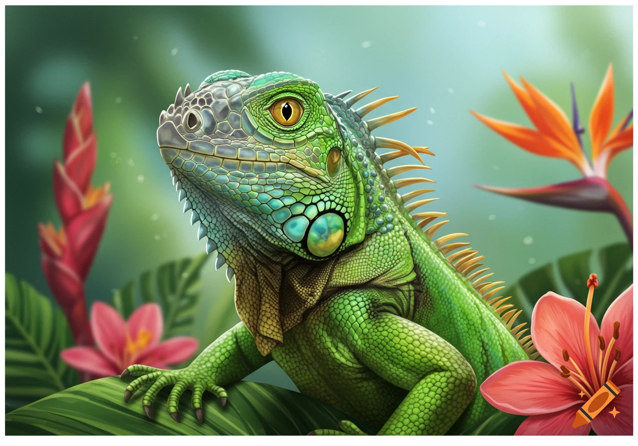 A detailed illustration of a green iguana sitting among colorful tropical flowers and leaves.