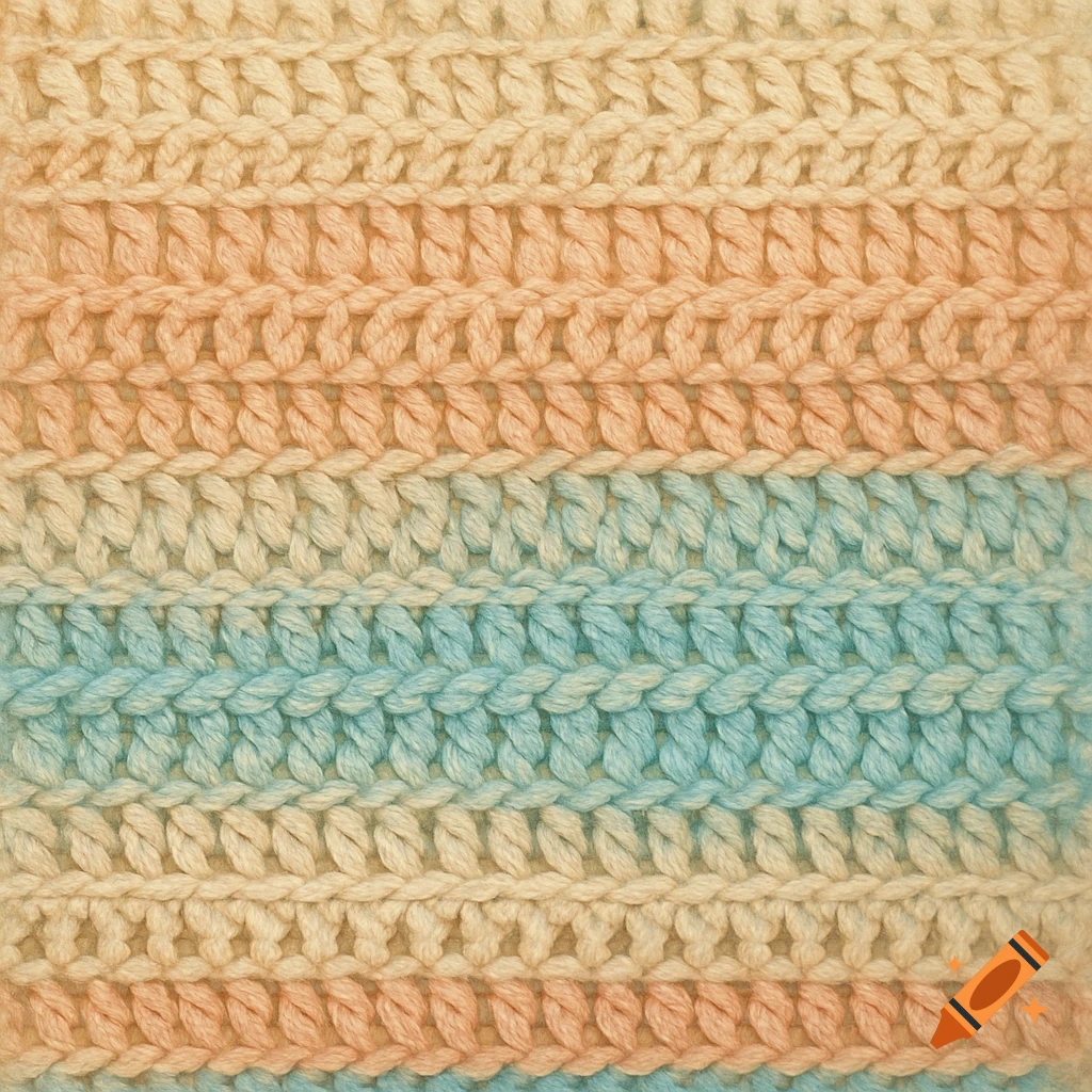 Close-up view of crocheted fabric with horizontal cream, peach, and blue stripes.