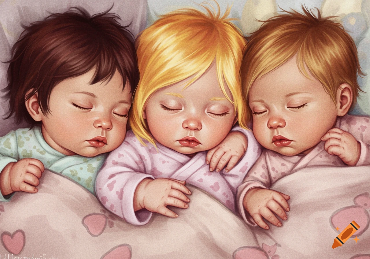 Illustration of three sleeping baby girls in bed.