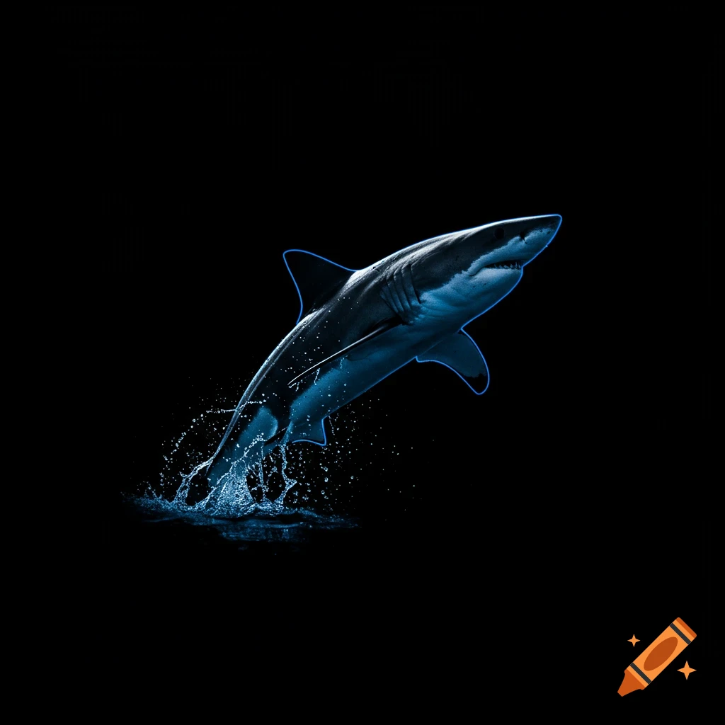 A great white shark jumps from dark water, outlined in blue against a black background.