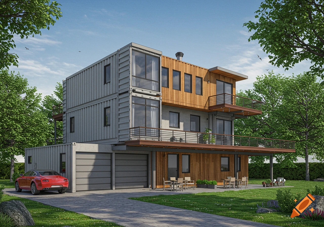 Modern multi-level shipping container house with decks, a red car in the driveway, and green landscaping.